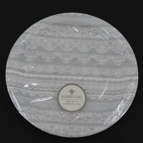 Shabby Chic Rachel Ashwell 9in Paper Plates 16 Count Gray White Lace Design NEW - Picture 1 of 7